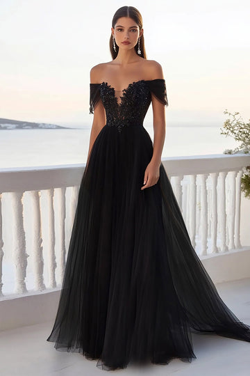 Black Off The Shoulder A Line Tulle Formal Dress with Lace
